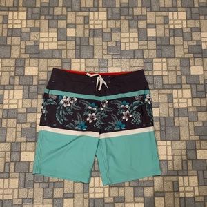 teal and grey men’s swim trunks